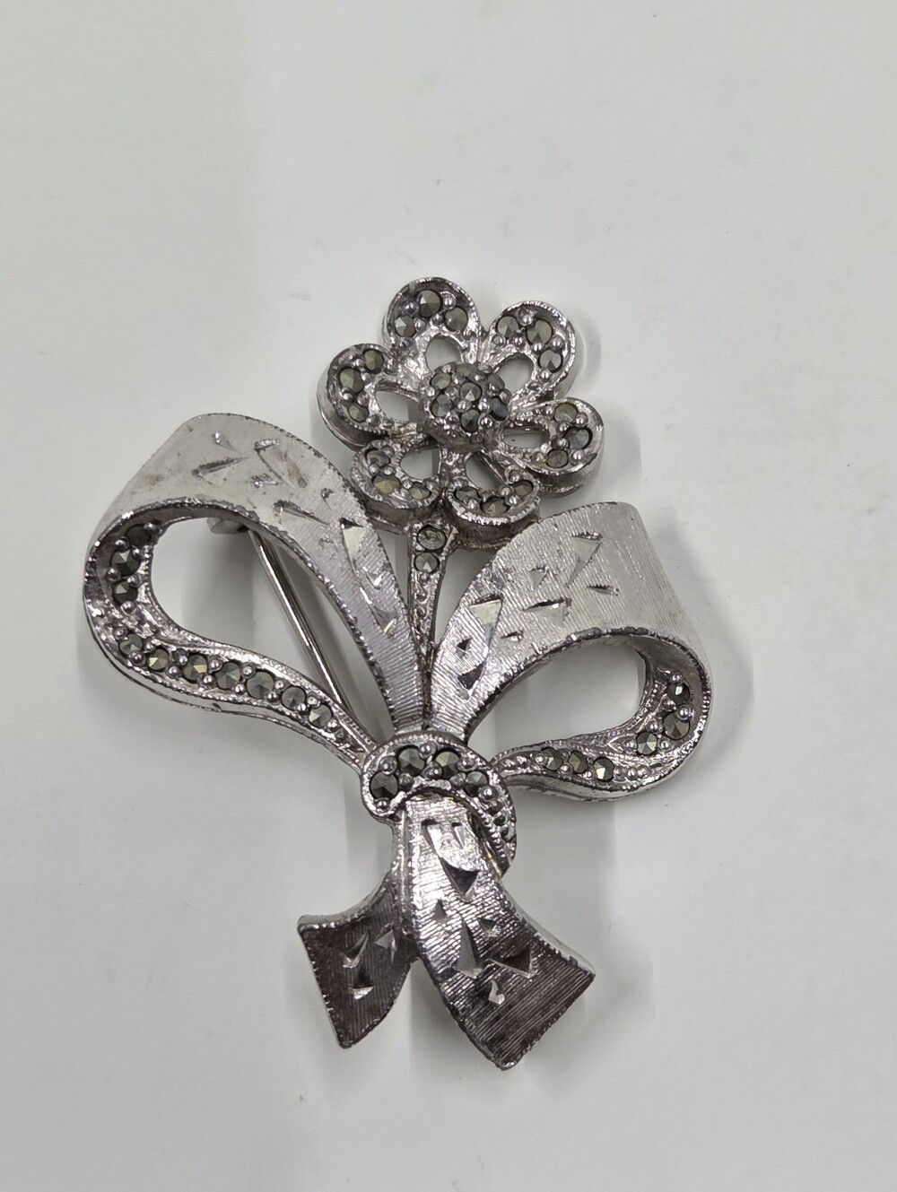 Vintage Signed Sphinx Marcasite Flower Bow Brooch British Numbered Pin 1960s